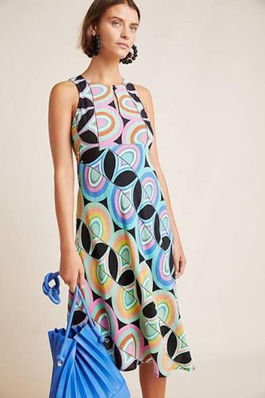 by ANTHROPOLOGIE Kenzie Midi Dress Asymmetric Multicolor Flowy Size 12 VACATION